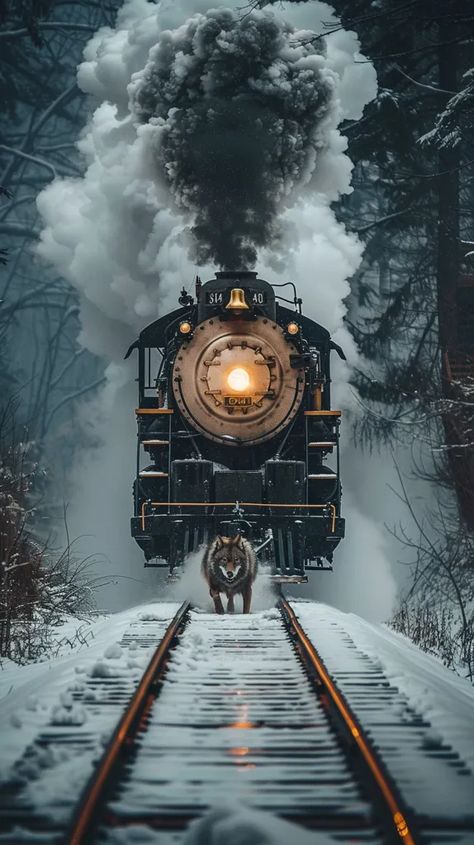 A steam locomotive is running through a snowy forest. The wolf is running in front of the train. The train is old and rusty. The wolf is black and looks strong. The forest is dark and mysterious. The picture is very dramatic and intense. It looks like the train is chasing the wolf. The wolf is running for its life. The train is getting closer and closer. The wolf is about to be hit by the train. Old Trains Steam Locomotive, Old Train Pictures, Snow Train, Steam Trains Photography, Dramatic Scene, Dark And Mysterious, Classic Cars Trucks Hot Rods, Railroad Photos, Winter Mountain