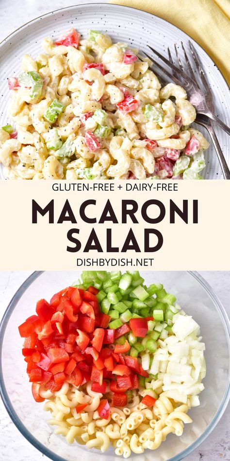 Perfect for picnics, barbecues and potlucks, this gluten-free macaroni salad is easy to make, tastes delicious, and is always a popular side dish during the summer! Totally dairy-free too. Gluten Free Pasta Salad Recipes, Gluten Free Potluck, Creamy Macaroni Salad, Gluten Free Pasta Salad, Salad Recipes Gluten Free, Healthy Spring Recipes, Easy Macaroni Salad, Potluck Side Dishes, Dairy Free Pasta