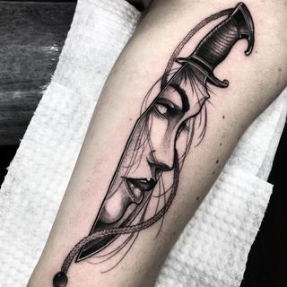 Tattoo Leg Woman, Female Face Tattoo, Hannah Tattoo, Swallow Tattoo Design, Face Tattoos For Women, Cowboy Tattoos, Back Of Arm Tattoo, Knife Tattoo, Girl Face Tattoo