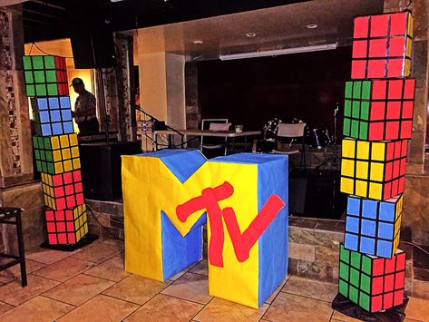 2- rubix cube towers 1- MTV logo sign, 4ft tall and 2 ft wide Diy Mtv Sign, Mtv Party Decorations, Mtv Decorations, Mtv Themed Party, 80s Decorations, Mtv Party, Decades Party, 80s Birthday, 80s Party Decorations