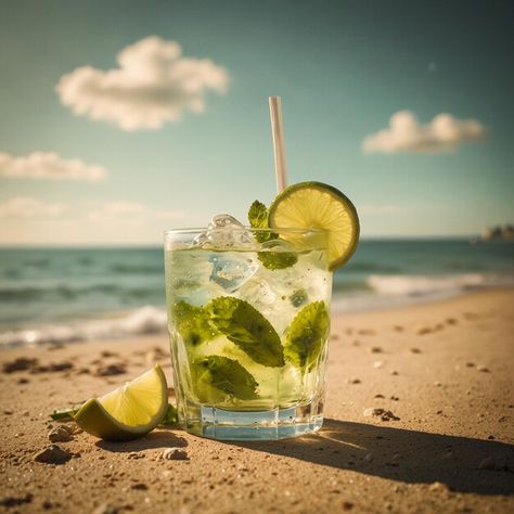 Photo mojito cocktail with lime over tro... | Premium Photo #Freepik #photo Tropical Beach Background, Tropical Cocktails, Mojito Cocktail, Video Mockup, Beach Posters, Beach Background, Event Food, Card Banner, Poster Invitation