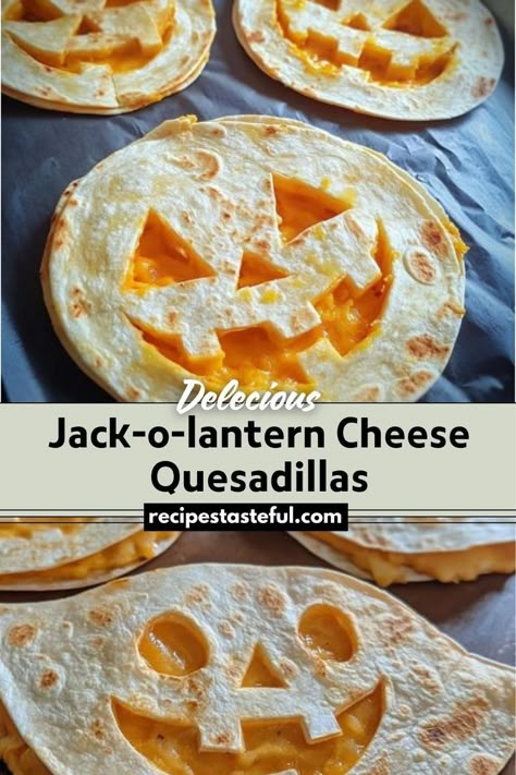 These Jack-o-lantern Cheese Quesadillas are a fun and festive Halloween treat. Easy to make and quick to cook, they feature cheesy filling with spooky jack-o-lantern faces, making them perfect for both kids and adults during the Halloween season. Halloween Quesadilla, Halloween Lunch Ideas, Cheese Quesadilla Recipe, Spooky Dinner, Cheese Quesadillas, Night Dinner Recipes, Halloween Lunch, Halloween Breakfast, Bariatric Eating