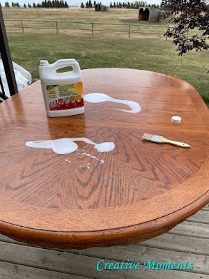 Rehab Dining Room Table, Restained Kitchen Table, Pedestal Table Dining Room, Wood Table With Painted Chairs, Oak Table Makeover Farmhouse, Stained And Painted Table, Revamp Dining Table, Wood Kitchen Table Makeover, Pedestal Kitchen Table Makeover