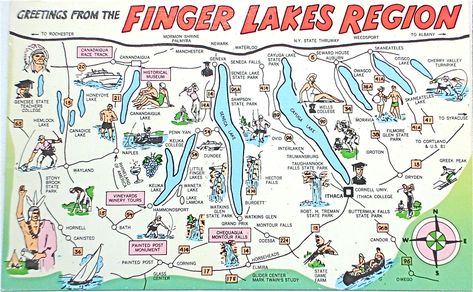 Greetings from the Finger Lakes Region postcard | Back text:… | Flickr Finger Lakes Ny, Seneca Falls, Cayuga Lake, Lake George Village, New York Map, Seneca Lake, Summer Vacation Spots, Romantic Cruise, Fun Winter Activities