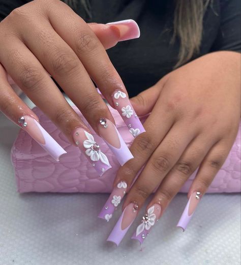 Nails Acrylic Summer Butterfly, Soft Colors Acrylic Nails, Lilac Quinceanera Nails Butterfly, Purple Nail Coffin, French Tip Designs Acrylic Long, Purple Birthday Set, Pink Square Nails With Flowers, Acrylic Nails Ideas Flowers, Long Nails Quince