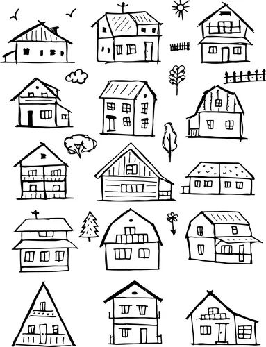 Doodle home set hand drawn cute houses Royalty Free Vector Doodle Houses Drawing, Cute Home Drawing, House Doodles Simple, How To Draw Houses, Cute Room Drawing, Houses Doodle, Building Doodles, Zentangle Houses, College Mural