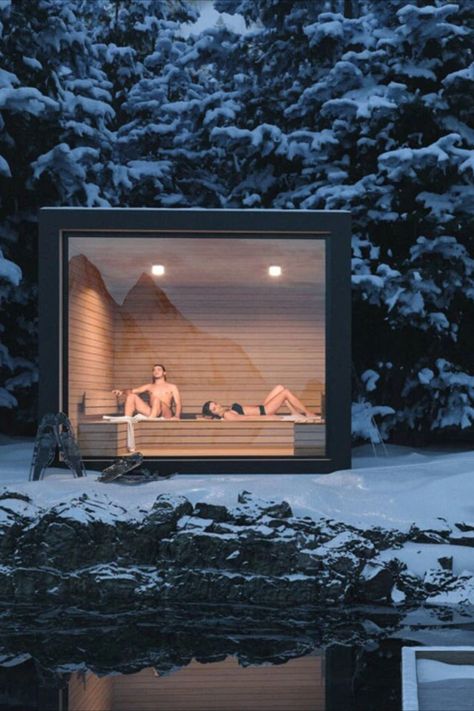 Packing maximum relaxation into a 8' x 10' footprint, the minimalist spa is ready to answer your R&R needs—no assembly required Sauna Bathroom, Sauna Ideas, Sustainable Diy, Underground House, Modular Cabins, Family Compound, Sauna House, Outdoor Bathtub, Sliding Wall