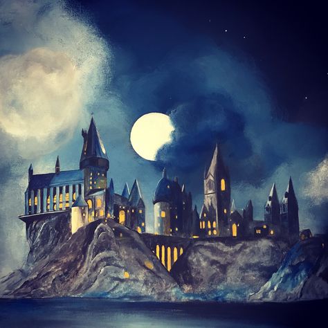 #acrylic #harrypotter #hogwarts #castle Hogwarts Painting, Harry Potter Castle, Fanart Harry Potter, Harry Potter Hogwarts Castle, Harry Potter Art Drawings, Harry Potter Painting, Castle Painting, Art Harry Potter, Canvas Acrylic Painting