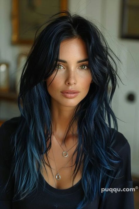 blue-hair-ideas-23 Dark Blue Hair Color Highlights, Royal Blue Hair Highlights, Dark Blue Money Piece Hair, Hair Color Ideas For Brunettes Blue, Dark Brown And Blue Hair, Dark Blue Hair With Light Blue Highlights, Dark Blue Hair Aesthetic, Dark Blue And Light Blue Hair, Blue Hair Balayage