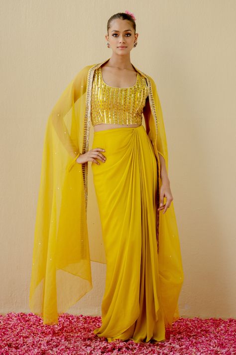 Buy Mint blush Yellow Chinon Chiffon Embroidered Cape Draped Skirt Set Online | Aza Fashions Yellow Lehenga For Haldi, Haldi Dress, Embroidered Cape, Haldi Outfits, Crop Top Sleeveless, Haldi Outfit, Desi Outfits, Trendy Outfits Indian, Indian Bride Outfits