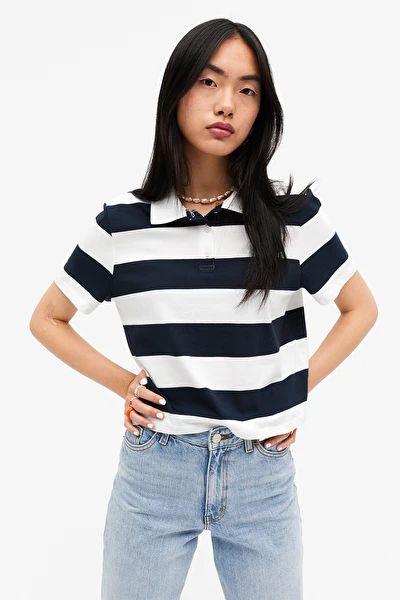 Lines Shirt Outfit, Low Rise Trousers, Striped Tops, Polo Outfit, Light Blue Jeans, Striped Polo Shirt, Pique Polo Shirt, Polo Neck, Jean Outfits