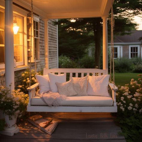 Dishfunctional Designs: Dreamy Summer Porch Swings House Front Porch Farmhouse, White House Porch Ideas, Dream Front Porch, House With Porch All The Way Around, White House With Porch, Porch Swing Aesthetic, House With A Porch, White Picket Fence Ideas, Porch Aesthetic