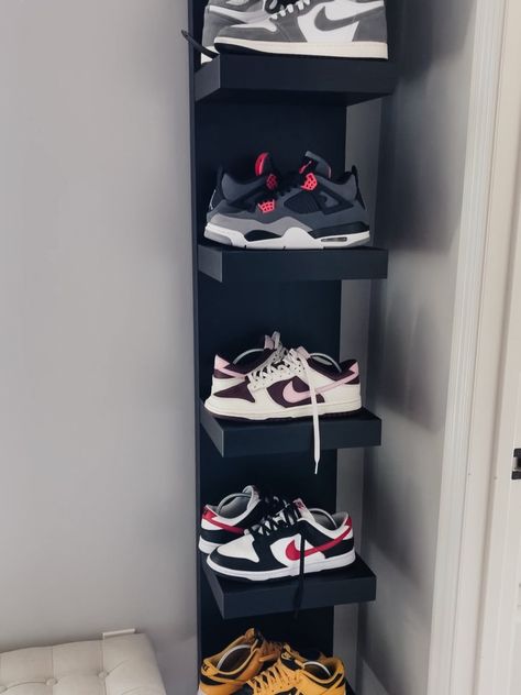 How to Use an IKEA Lack Wall Shelf as Sneaker Storage - Life Love Larson Lack Wall Shelf Decor Ideas, Sneaker Organization Ideas, Ikea Wall Shelf, Lack Wall Shelf, Ikea Lack Wall Shelf, Sneakers Wall, Ikea Wall Shelves, Lack Shelf, Ikea Lack Shelves