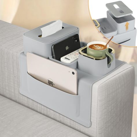 PRICES MAY VARY. 🧳 Ample Storage for Your Essentials - Designed for those needing generous storage space, our couch caddy features large storage pockets on both sides. Perfect for storing remotes, chargers, glasses, snacks, and more. The built-in cup holder and accessory tray keep items secure, ensuring organized convenience without spills. 🤲 Simplify Your Couch Time - Organizing your TV lounge is effortless with our dual-sided couch drink holder. This silicone tray keeps small to mid-size ess Cool Gadgets For Home, Tray For Ottoman Living Rooms, Cute Things To Buy On Amazon, Camper Must Haves, Cool Home Gadgets, Couch Organizer, Couch Caddy, Couch Cup Holder, Couch Tray