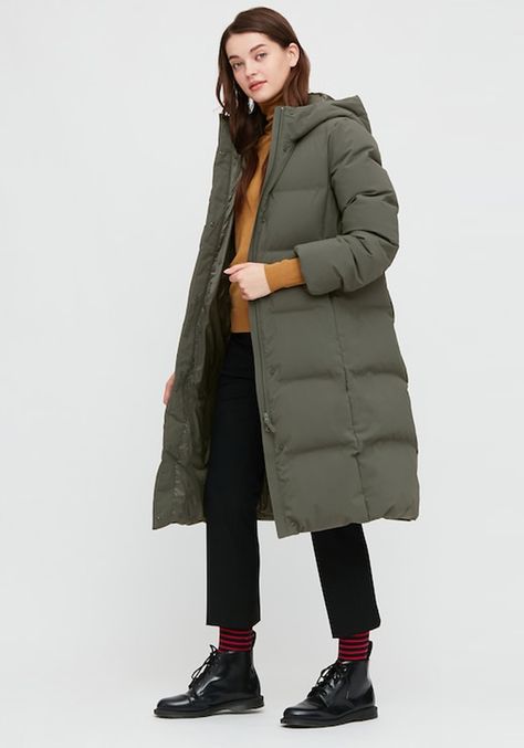 Uniqlo Coat, Long Down Coat, Perfect Coat, Long Coat Women, Uniqlo Women, Thick Sweaters, Green Coat, Coat Outfits, Women's Coats & Jackets