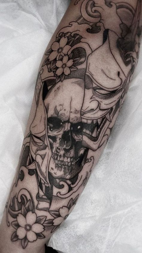 Female Hannya Mask Tattoo, Oni Skull Tattoo, Oni Mask Forearm Tattoo, Dark Japanese Tattoo, Japanese Oni Tattoo, Japanese Skull Tattoo, Hannya Maske Tattoo, Japanese Skull, Hannya Maske