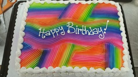 Neon rainbow tye dye sprayed cake with white borders 'Happy Birthday' cake Cake Piping Designs, Cake For Party, Cake Baking Ideas, Retro Cakes, Tie Dye Cake, Glow Party Decorations, 1st Bday Cake, Cakes Decorating Ideas, Cake Styles