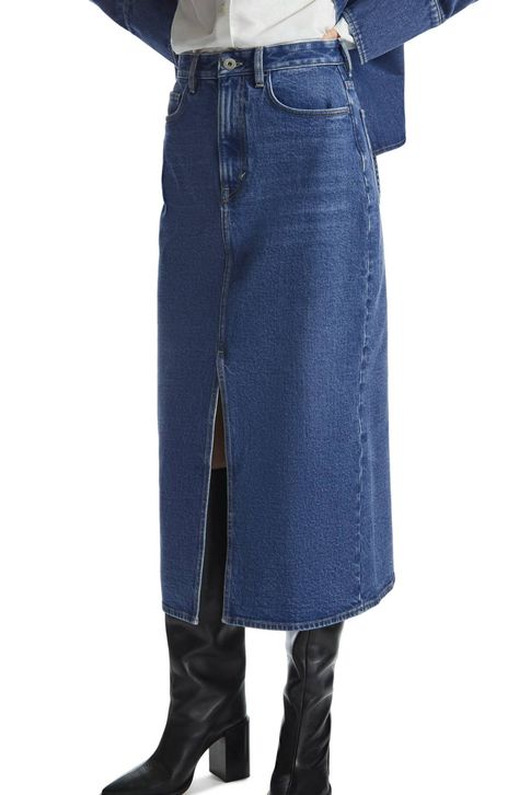 30 Trendy Nordstrom Items Fashion People Will Love | Who What Wear Long Jeans Skirt, Aline Midi Skirt, Midi Denim Skirt, Perfect White Shirt, Midi Skirt Casual, Blue Midi Skirt, Blue Jean Skirt, Long Denim Skirt, Midi Denim