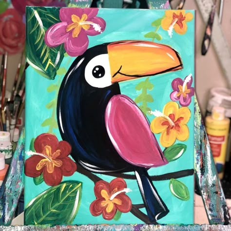 Miami Art Deco Interior, Social Easel, Kids Canvas Art, Paint Studio, Toucan Bird, Kids Canvas, Learn How To Paint, Simple Acrylic Paintings, Paint And Sip