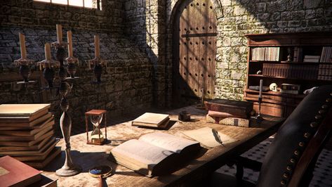 ArtStation - Medieval Interior, CGMonkeyKing ! Gothic House Design, Medieval Office, Medieval Fantasy House, Fantasy Office, Medieval Bed, Medieval Bedroom, Medieval Interior, Ancient Astronomy, Library Study Room