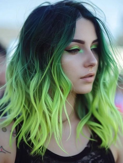 Colored Hair With Black Roots, Neon Green Ombre Hair, Vivid Hair Color Ombre, Rainbow Hair Color Ideas For Brunettes, Colour Ombre Hair, Lime Green And Black Hair, Green Balayage Hair, Pulp Riot Hair Color Ideas, Crazy Color Hair Ideas