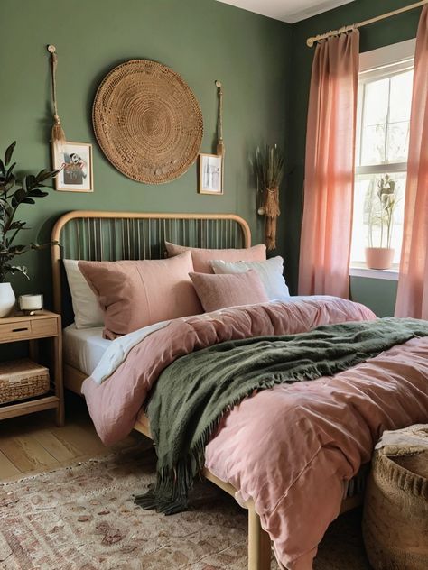 10 Sage Green and Pink Bedroom Ideas: Cozy and Chic Ambiance - Homezillo Sage Green With Pink Bedroom, Pink Bedding Green Walls, Salmon Pink Bedroom, Sage Green Pink Bedroom, Warm Pink Bedroom, Peach And Green Room, Pink Earthy Bedroom, Rose Pink And Sage Green Bedroom, Earthy Pink Bedroom