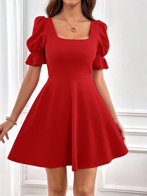 SHEIN Privé Square Neck Puff Sleeve A-Line Red Short Dress | SHEIN USA Red Birthday Dress, Comfy Jumpsuits, Elegant Pattern, Square Neck Dress, Puff Sleeve Dress, Sleeves Clothing, Vestidos Vintage, Puffed Sleeves Dress, Types Of Skirts