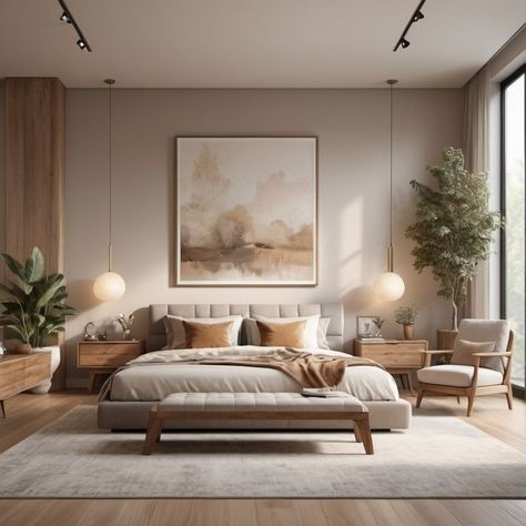 Bedroom Modern Natural, Modern Bedroom Earth Tones, Organic Modern Bedroom Inspiration, Bedroom Ideas Organic Modern, Bedroom Back Wall Design, Dubai Apartment, Modern Organic Bedroom, Organic Modern Bedroom, Monochromatic Interior Design