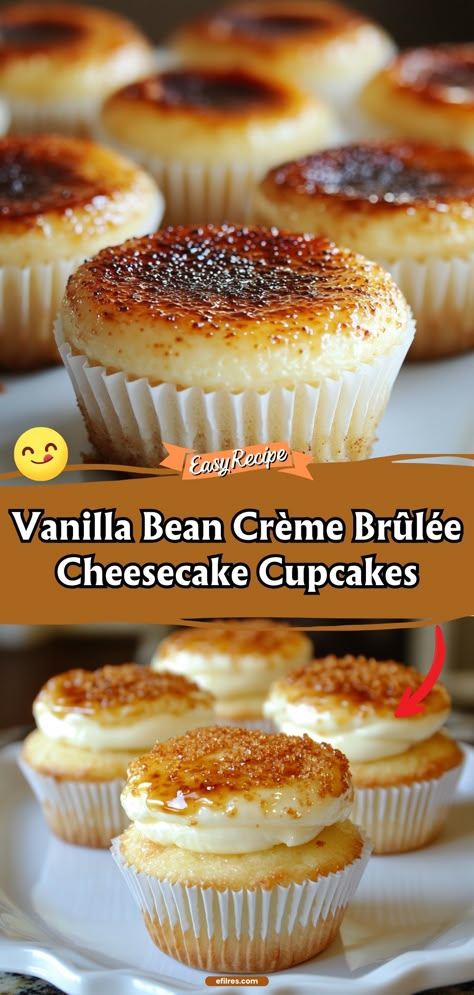 These cupcakes merge the elegance of crème brûlée with the creaminess of cheesecake, featuring a rich vanilla bean flavor that's simply irresistible. #CheesecakeCupcakes #VanillaBean #LuxuryDessert Vanilla Bean Creme Brulee Cheesecake, Creme Brûlée Cupcakes, Vanilla Bean Crème Brûlée Cheesecake Cupcakes, Recipes Using Vanilla Beans, Vanilla Bean Crème Brûlée Cupcakes, Vanilla Bean Paste Recipe Desserts, Vanilla Bean Desserts, Cream Brulee Cheesecake, Creme Brulee Cupcakes