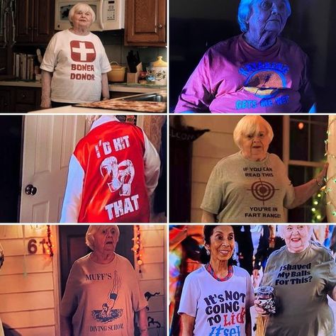 Lord Christopher Laverty on Instagram: "June Squibb and Yolande Bavan’s t-shirts in Hubie Halloween are a LOOK. Costume design by Wendy Chuck #idhitthat #wendychuck #hubiehalloween #tshirtgame #muffs #yolandebevan #junesquibb #adamsandler #netflix #netflixmovie #netflixuk #bonerdoner #clothesonfilm #cof #2020" Hubie Halloween Costume, Hubie Halloween, Adam Sandler Costume Ideas, Duo Costumes, Retro Bags, Netflix Movie, Adam Sandler, Couples Costumes, Halloween Shirt