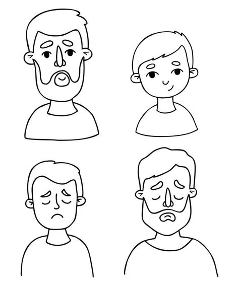 Male faces. Portraits of father and son. Emotions happy and sad. Vector line hand drawings in doodle style. Isolated faces avatars for design. Male Faces, Face Outline, Hand Drawings, Vector Line, Person Cartoon, Doodle Style, Vector Cartoon, Chibi Drawings, Design Ad