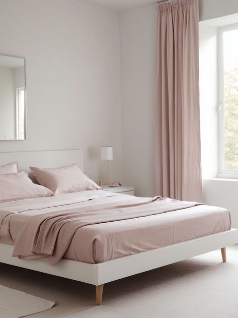 Create a minimalist pink bedroom with clean lines and a soothing color palette. Use a sleek platform bed, complemented by light pink bedding and a minimalistic side table, to achieve a calming and elegant look. Minimalist Pink Bedroom, Light Pink Bedding, Minimalism Bedroom, Bedroom Minimal, Pink Bedroom Decor, Pink Bedrooms, Grey Bedroom, Pink Bedding, Pink Bedroom