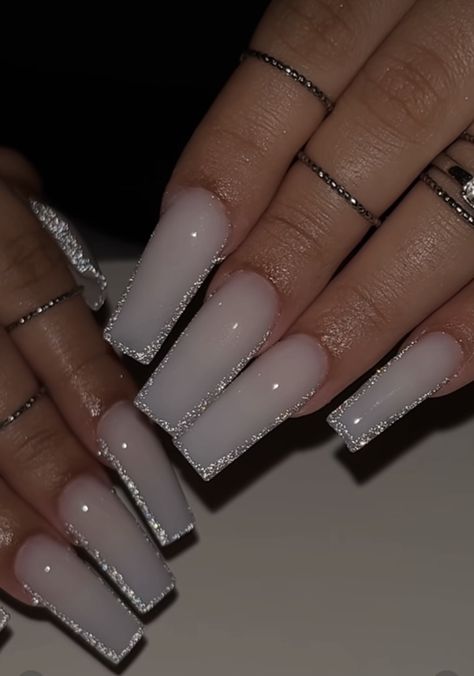 White And Holographic Nails, White Nails White Glitter, White Sparkly Square Nails, Cute Square Nails Long, Chrome Glitter Nails Designs, White Base Acrylic Nails, White Nails With White Glitter, French Tip Jewel Nails, Long Acrylic Nails Winter