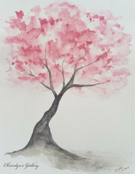 Watercolor Art For Beginners Jellyfish, Watercolor Drawing Reference, Sakura Tree Watercolor Painting, Watercolour Cherry Blossom Tree, Cherry Blossom Tree Reference, Blossom Tree Watercolour, Easy Sakura Painting, Sakura Flower Watercolor, Sakura Tree Drawing Easy