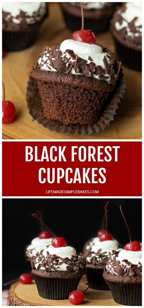 These black forest cupcakes have a moist chocolate base, homemade cherry filling and a freshly whipped cream topping. They're light yet decadent! #blackforestcupcakes #chocolatecupcakes #chocolateandcherrycupcakes Flavorful Cupcakes, Forest Recipes, Cake Black Forest, Cupcakes Stuffed, Special Cupcakes, Cutest Cupcakes, Flavored Cupcakes, Chocolate Cherry Cupcakes, Forest Cupcakes