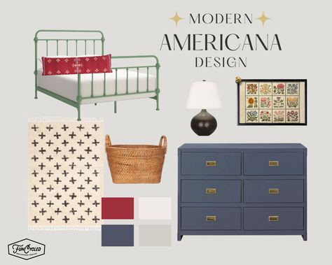 Modern Americana is more than decorating with red, white, and blue.  It reflects the history and heritgae of our nation!  Let's find some inspiration together and create a bedroom with Modern Americana style! Boys Americana Bedroom, Americana Nursery Boys, Americana Boy Room, Americana Bedroom Decor, Modern Americana Decor, Americana Nursery, Americana Bedroom, Decorating With Red, Boy Room Red