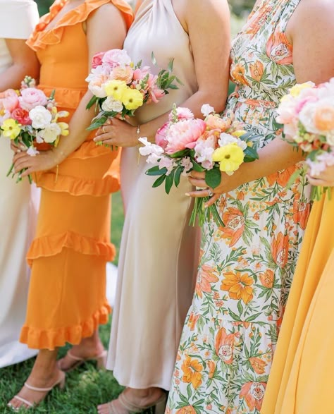 Festive Wedding Attire, Floral Bridesmaid Dresses Mismatched, Bright Bridesmaid Dresses, Bridesmaid Dresses Color Palette, Yellow Wedding Colors, Orange Bridesmaid Dresses, Floral Bridesmaid Dresses, Bridesmaid Attire, Yellow Bridesmaid Dresses