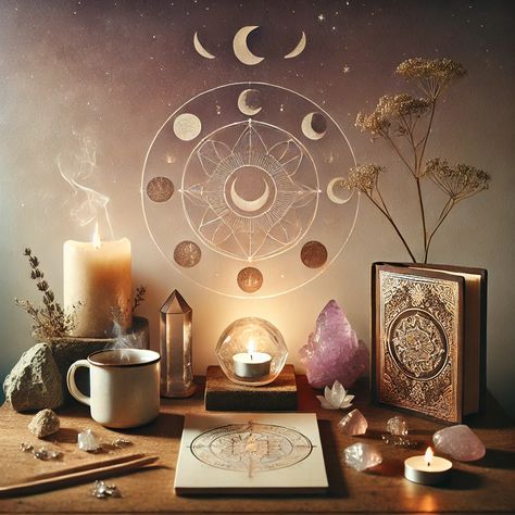 A calming altar setup featuring glowing candles, crystals, a mug of tea, and celestial-inspired artwork with moon phases. The scene is accented with dried flowers, a journal, and soothing natural elements, evoking a serene and mystical atmosphere perfect for mindfulness and spiritual rituals. Manifestation Altar Ideas, Home Altar Ideas Spiritual, Crystal Singing Bowls Aesthetic, Crystal Setup, Spiritual Altar Ideas, Altar Aesthetic, Healing Room Ideas, Altar Setup, Spiritual Corner