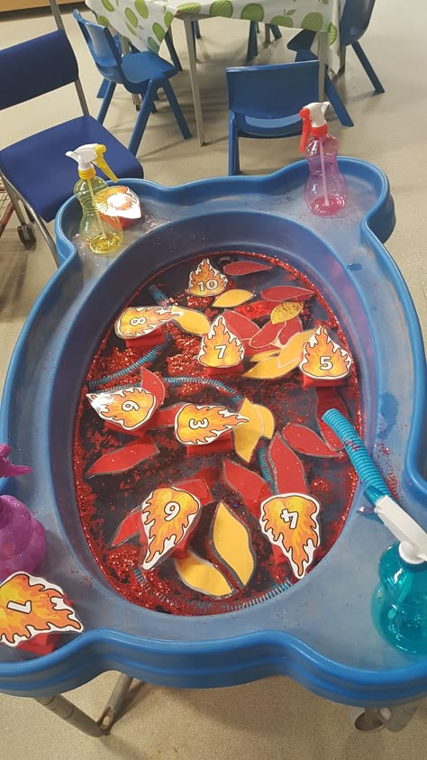 People Who Help Us Water Tray, Community Helper Reggio Emilia, People Who Help Us Sensory Activities, Firefighter Eyfs Activities, People Who Help Us Activities For Toddlers, Fire Tuff Tray, People Who Help Us Eyfs Activities, Fire Safety Math Activities, Firefighter Activity