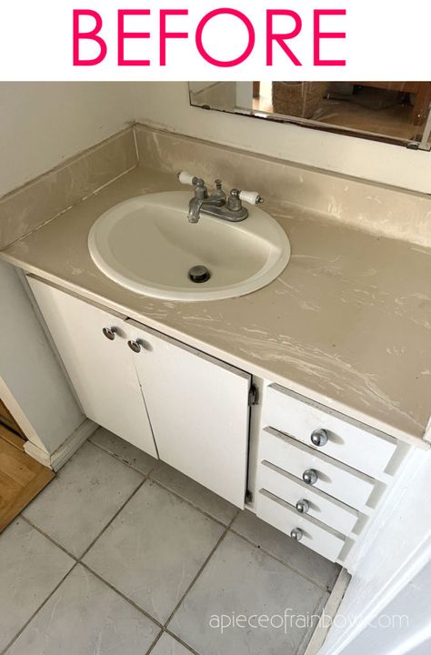 How to paint bathroom countertop & sink, and refinish old formica or laminate vanity top into white or marble finish. Great idea for a super easy budget remodel! - A Piece of Rainbow, D}Y, home improvement, fixer upper, remodeling, before after, modern, farmhouse, boho, interior design, transformation Painting Bathroom Sinks, Painting Bathroom Countertops, Diy Bathroom Vanity Makeover, Counter Top Sink Bathroom, Paint Bathroom, Painted Vanity Bathroom, Countertop Makeover, Vanity Makeover, Bathroom Vanity Makeover