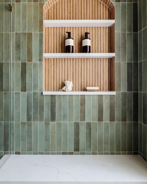 This freakin tile 😍😍😍 Shower & Wall Tile: Celine 2.5x12 in Sage by @bedrosianstile Designed by @timelessinteriors #tile #tiles… | Instagram Sage Tile, Celine Collection, Bedrosians Tile, Condo Bathroom, Shower Wall Tile, Bali House, Stunning Bathrooms, Apartment Renovation, Tile Installation