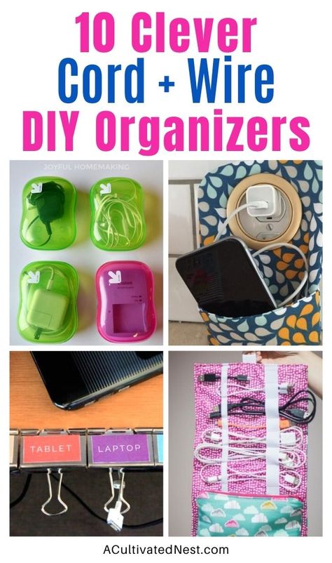 10 Clever Ways to Organize Cords and Wires- If you need some clever cord wrangling organization ideas, check out these genius ways to organize cords and wires! | #organization #organizingTips #homeOrganization #cordOrganization #ACultivatedNest Wires Organization, Cord Organization Storage, Charger Cord Organization, Organize Cords, Cord Organization Travel, Hide Electrical Cords, Power Cord Organizer, Charging Cable Storage, Power Cord Storage