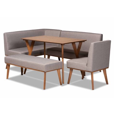 Utilize your dining space in the most stylish and efficient way with the Odessa dining nook set. Made in Malaysia, the set includes one table, one armless bench, one corner bench, one backless bench, and one chair. Each piece is constructed from sturdy wood in a walnut brown finish that complements the gray fabric upholstery on the seating. A unique marriage of mid-century design with modern minimalism, the pieces showcase angled legs. The Odessa requires assembly and is designed to be placed in Mid Century Modern Dining Set, Breakfast Nook Dining Set, Nook Dining Set, Mid Century Modern Fabric, Corner Bench, Dining Furniture Sets, Mid Century Modern Dining, 5 Piece Dining Set, Mid Century Dining