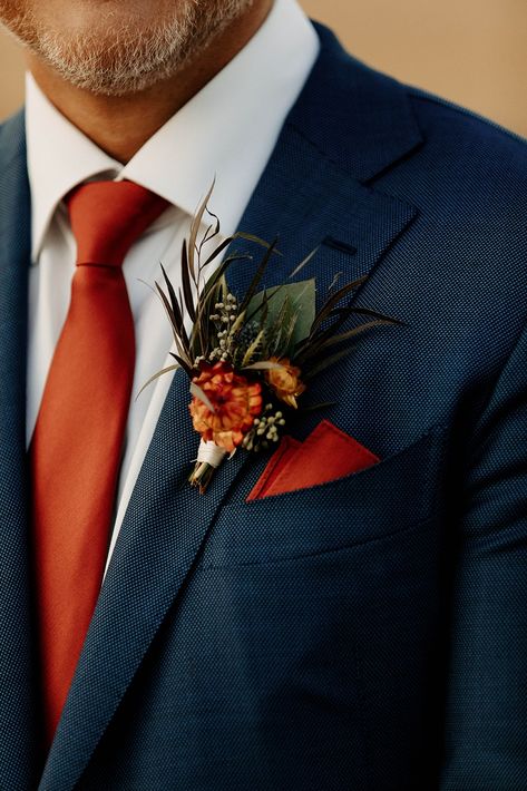 Fall Wedding Colors Men, Rust And Blue Wedding Flowers, Fall Wedding Burnt Orange And Navy, Navy And Rust Suit, Navy Autumn Wedding, Rust Orange Groomsmen Attire, Navy Blue And Rust Groomsmen, Navy And Rust Groomsmen, Blue Suit Fall Wedding