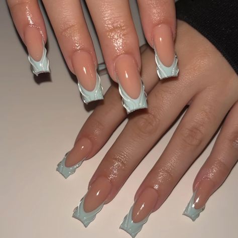 Nails Blue French Tip, Nails Blue French, Sweet 16 Nails, Gender Reveal Nails, Nails Long Square, Blue French Tip, 3d Nail Art Designs, Fake Nails Long, Press On Nails Long