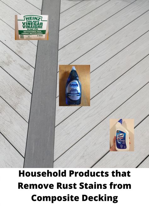 Rust stain on your composite deck is so disheartening. Your beautiful deck ruined with a ring from the propane tank. Don’t despair, rust stains are nasty on composite decking, but they can be removed. Some everyday household products that will remove rust stains from composite decking are Dawn Ultra, vinegar, lemon juice, toilet bowl cleaner, Oxyclean, and WD 40. Convenient wipes for removing rust stains are Magic Eraser® and DeckMAX® PVC Revitalizing Wipes. Cleaning Composite Decking, Composite Decking Designs, Deck Staining, Trek Deck, Remove Rust Stains, Vinyl Deck, Removing Rust, Deck Cleaning, Pvc Decking