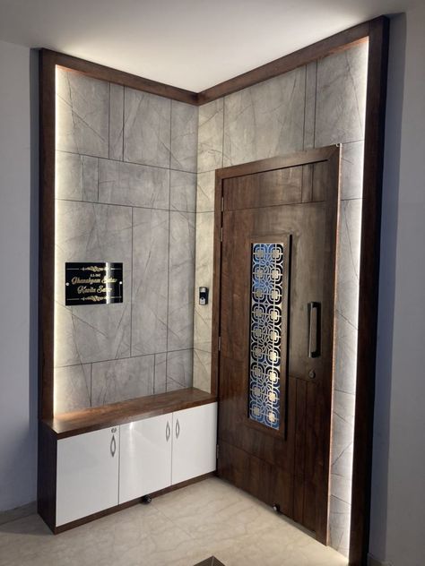 Main Door Lobby Design, Simple Safety Door Designs, Flat Door Entrance Ideas, Main Door Design For Flats, Main Door Entrance Wall Tiles, Sefty Door Design Home, Entrance Lobby Design Residential Flat, Safety Door Design Entrance Modern For Flat, Modern Entrance Lobby Design Residential