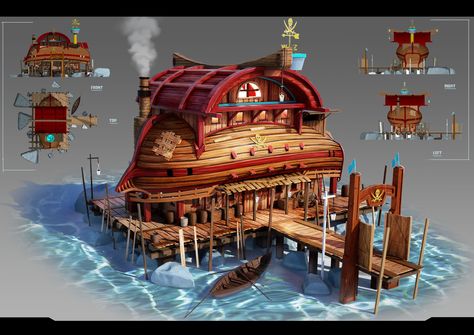 Pirate hut, Andrew gman on ArtStation at… House Design Concept Art, Cartoon House Design, House Design Concept, Feng Zhu Design, Feng Zhu, Architecture Blueprints, Pirate Island, Pirate Bay, Pirates Cove