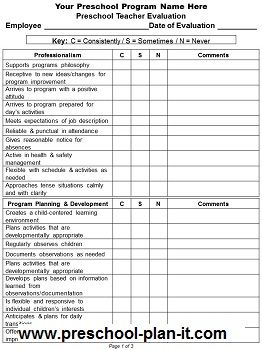 Preschool Staff Evaluations This 3 page review form covers 44 specific review criteria broken down under 6 main sections to help support staff in their professional growth and development as well as review the staff member's understanding and application of your program’s quality indicators. Preschool Teacher Evaluation Form, Preschool Evaluation, Teacher Evaluation Form, Teacher Observation Form, Preschool Assessment Forms, Preschool Forms, Childcare Teacher, Employee Evaluation Form, Teacher Observation