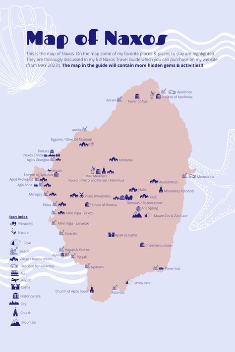 Map of Naxos with highlights and things to do Greek Islands Vacation, Naxos Greece, Naxos Island, Greek Island Hopping, Greece Map, Greek Travel, Mediterranean Travel, Greece Travel Guide, Greece Vacation